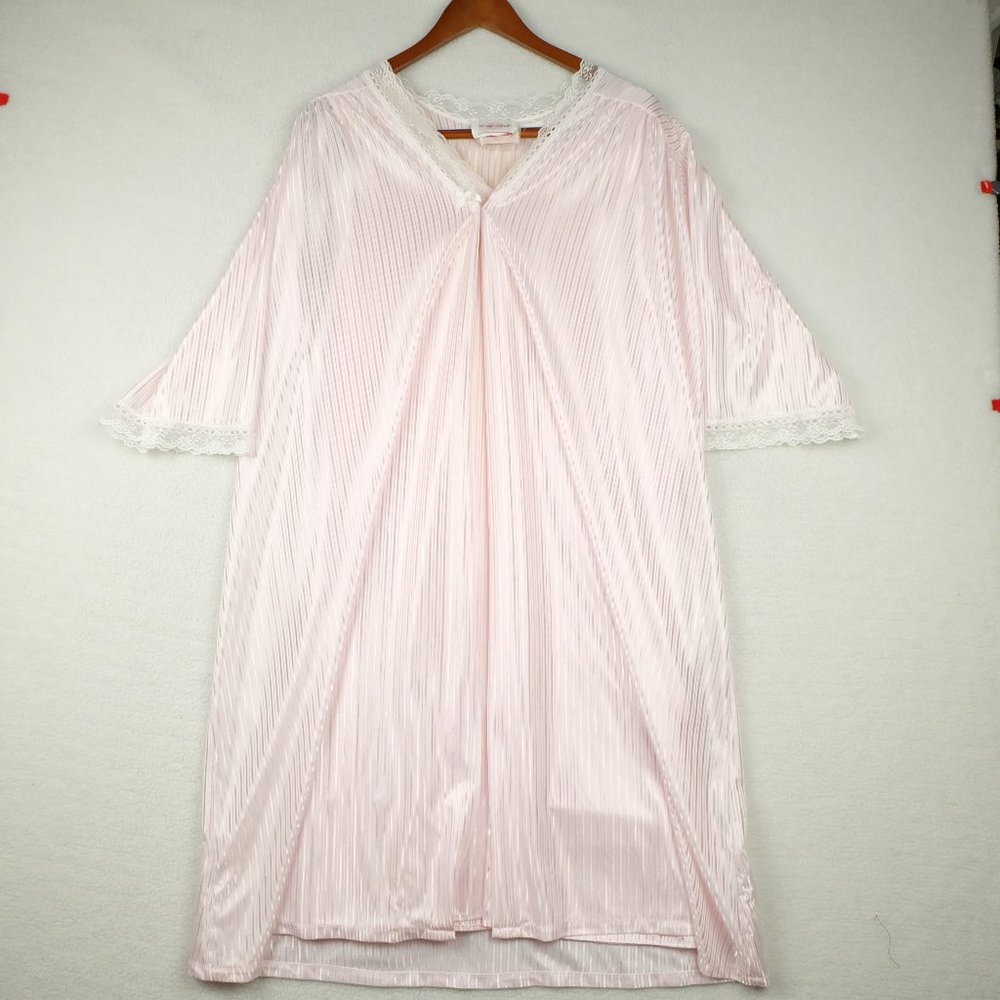 Vintage Womens Nightgown Large Pink Candy Cane Striped Lace Satin 2 Piece 80s